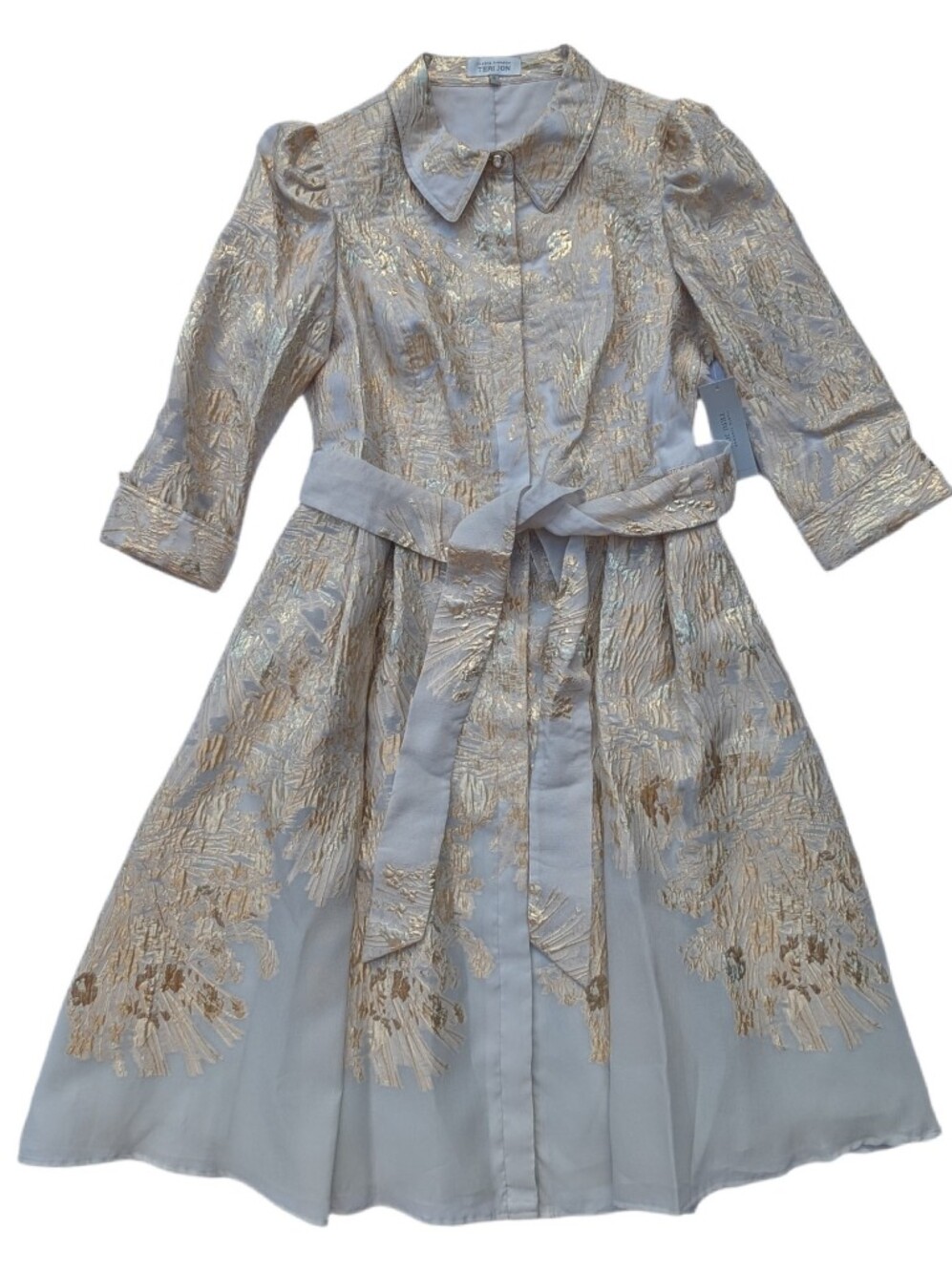 NWT Teri Jon By Rickie Freeman Metallic Gold Jacquard Shirt Dress 18 Knee Length
